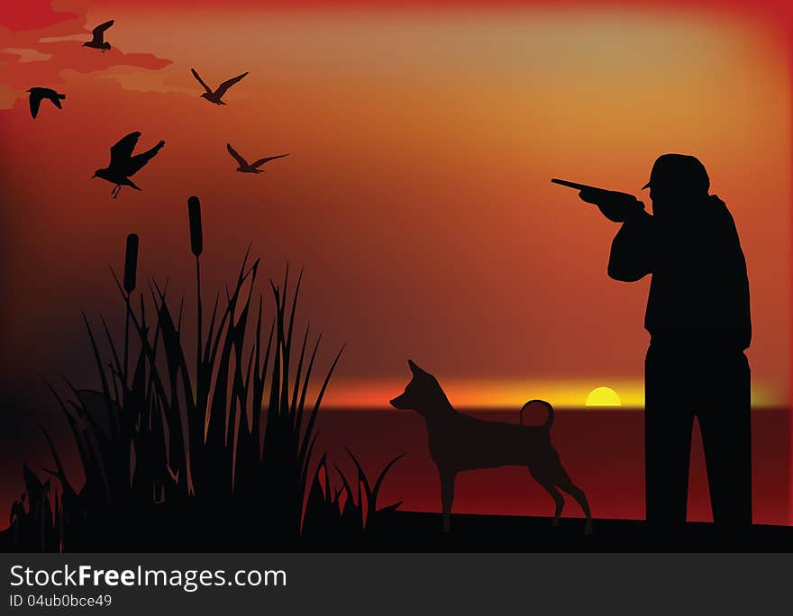 Shadow image of hunter with animals. Shadow image of hunter with animals