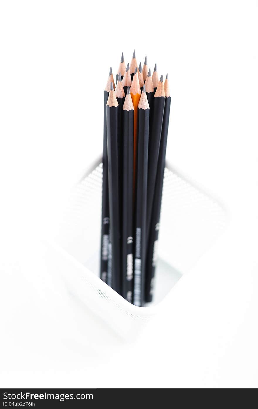 Pencils In The Meshy Box On White Background