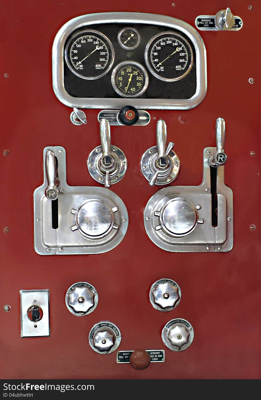 Control panel on a vintage fire truck.