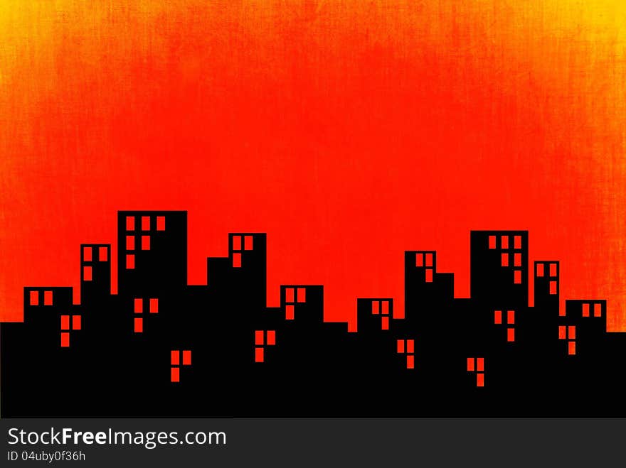 Illustration of city ,sunset over the city with orange background