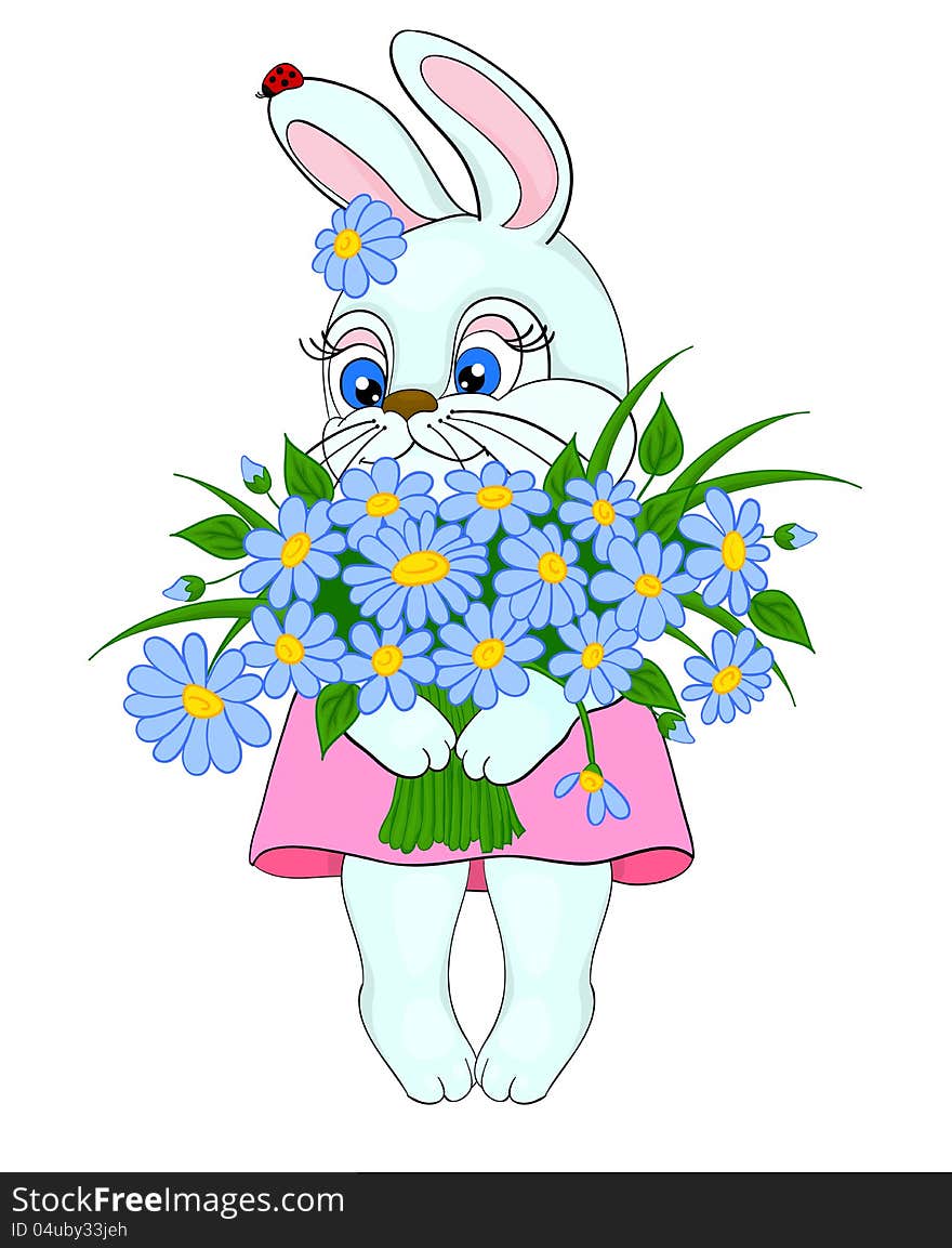 Cartoon bunny with a big bouquet of flowers daisies, with isolation on a white background