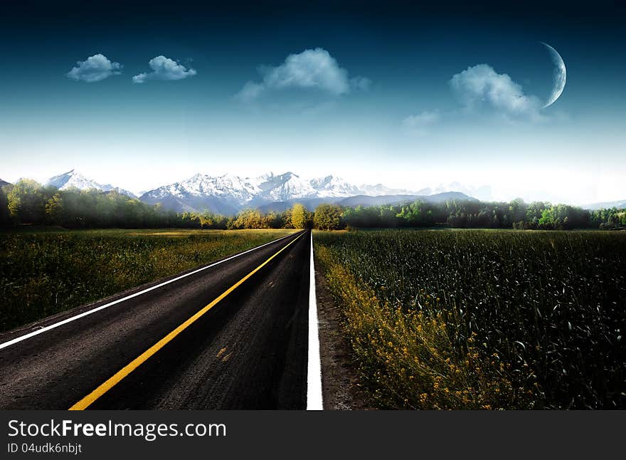 Evening. Abstract natural backgrounds with asphalt road