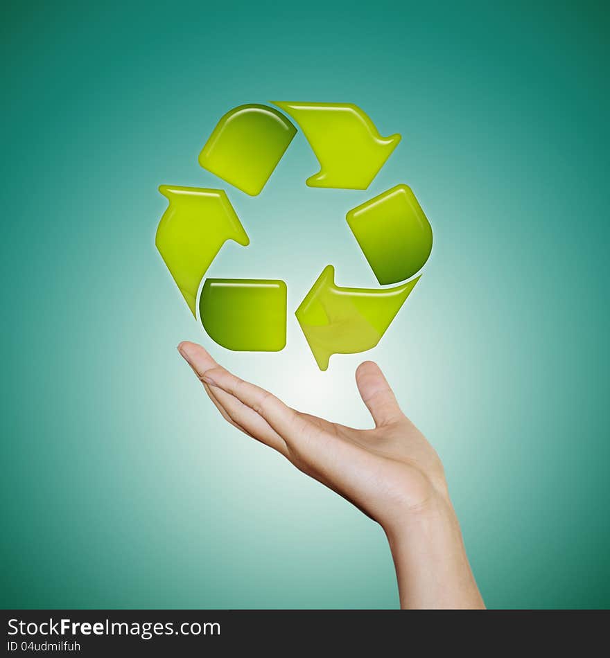 RECYCLE ICON on hand concept. RECYCLE ICON on hand concept