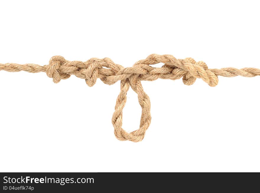 A jute rope with a dropper loop (fishing knot) on a white background. A jute rope with a dropper loop (fishing knot) on a white background