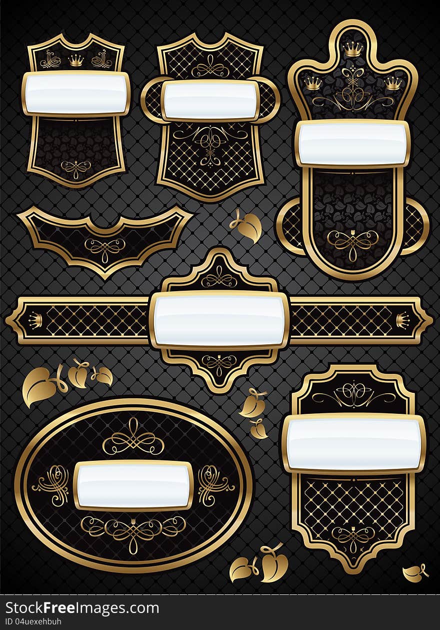 Illustration set of luxurious black and gold label in the old style with monograms. Illustration set of luxurious black and gold label in the old style with monograms