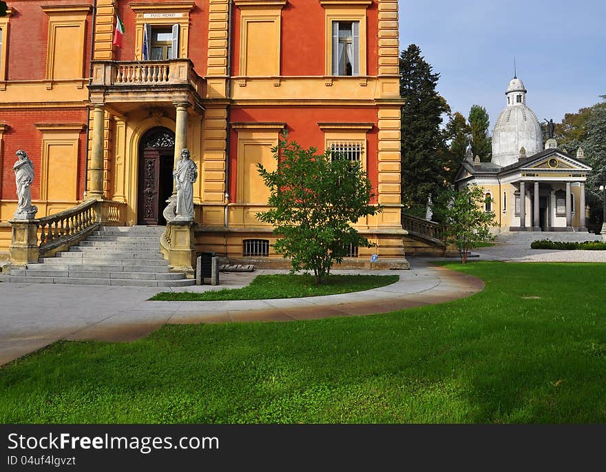 The neoclassical Villa Bisighini: town hall, funerary temple and gardens of Carbonara Po, italian town in the Mantua province, Italy. The neoclassical Villa Bisighini: town hall, funerary temple and gardens of Carbonara Po, italian town in the Mantua province, Italy