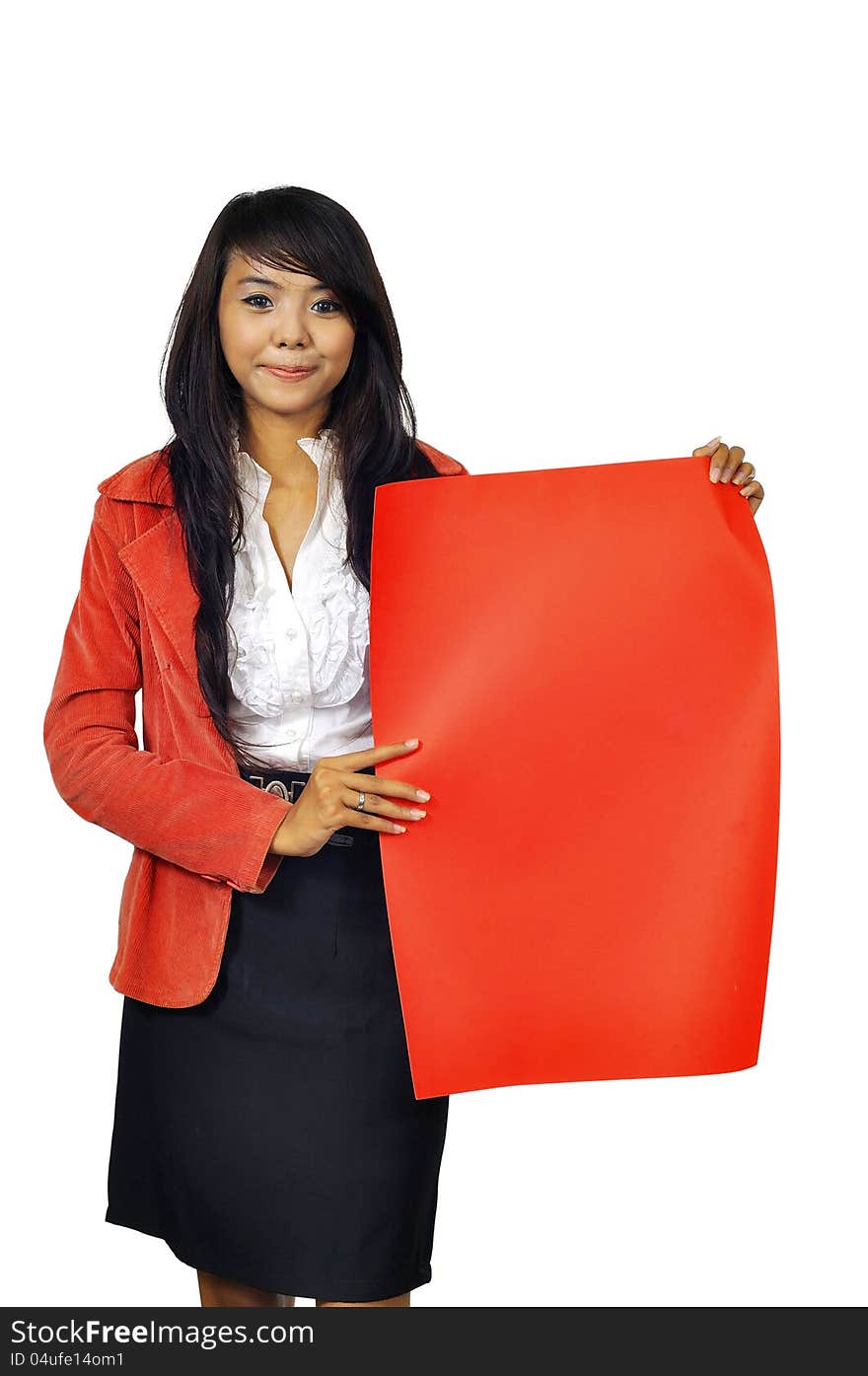 Asian business woman holding red banner isolated over white background. You can put your message on the banner. Asian business woman holding red banner isolated over white background. You can put your message on the banner