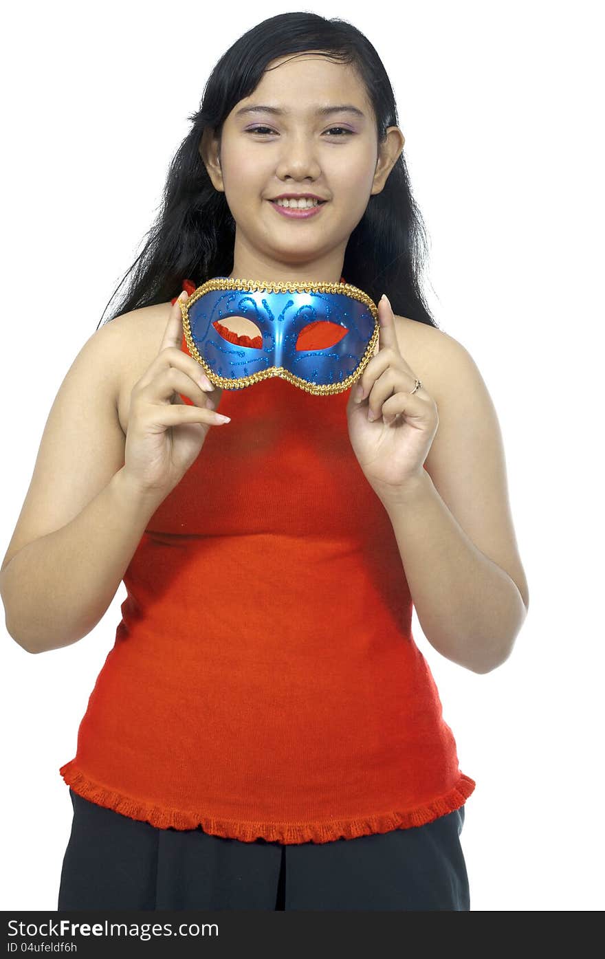 Fat asian chubby girl wear mask isolated over white background. Fat asian chubby girl wear mask isolated over white background