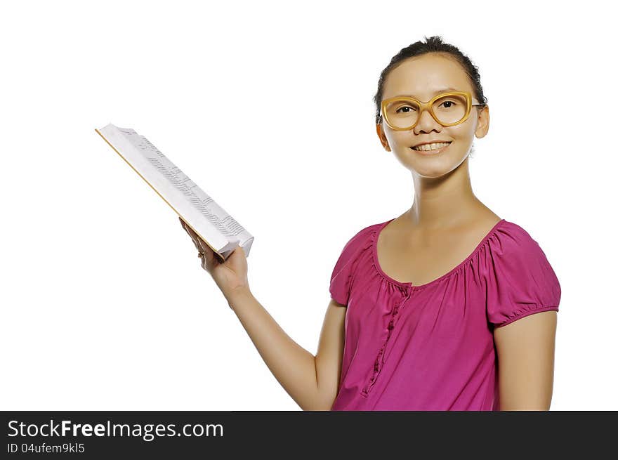 Asian college student reading book isolated over white background