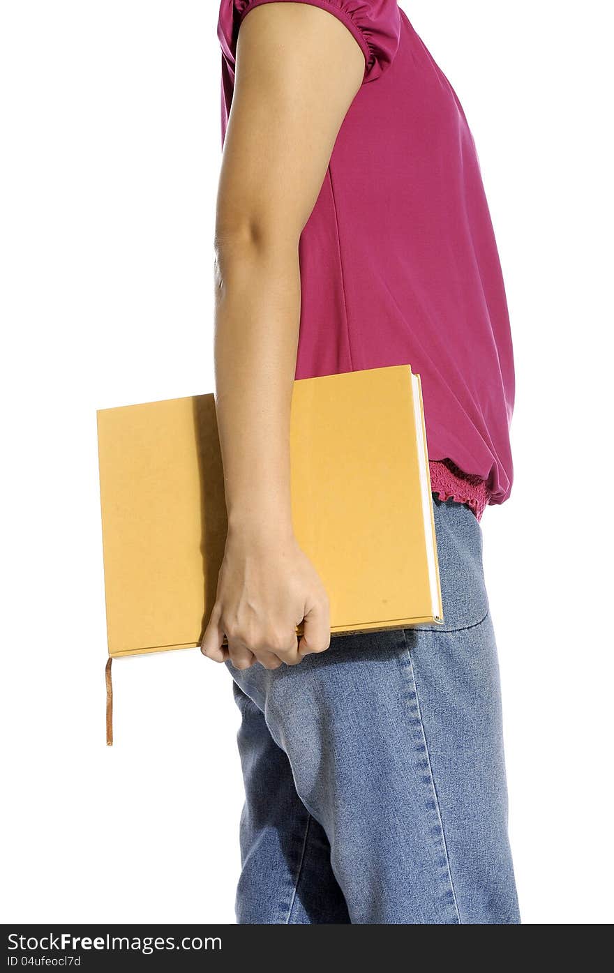 Woman bring book with her hand isolated over white background. Woman bring book with her hand isolated over white background