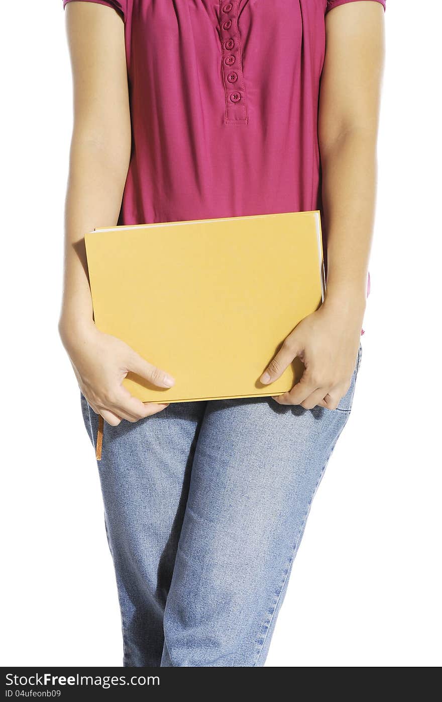 Woman bring book with her hand isolated over white background. Woman bring book with her hand isolated over white background