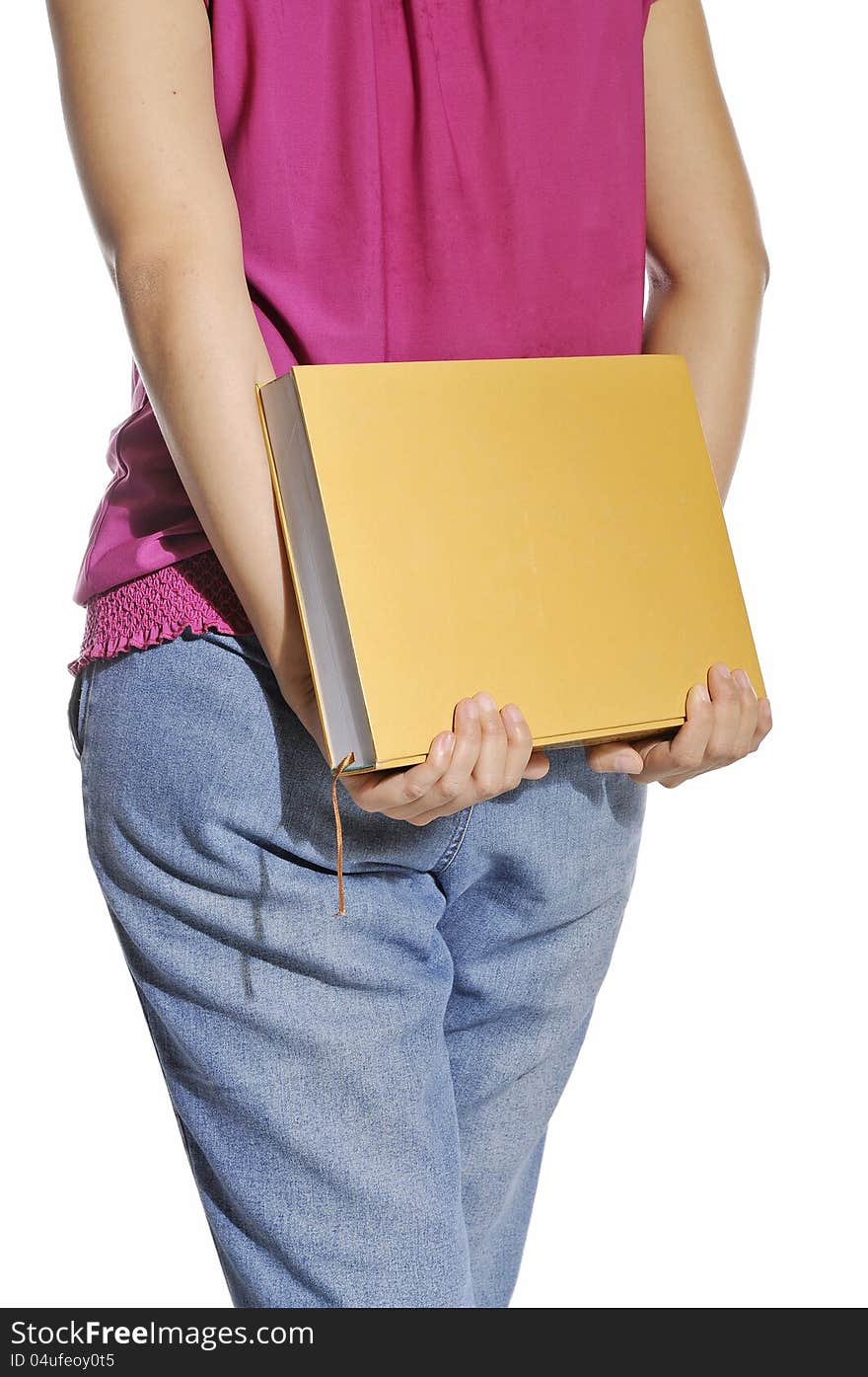 Woman bring book with her hand isolated over white background. Woman bring book with her hand isolated over white background