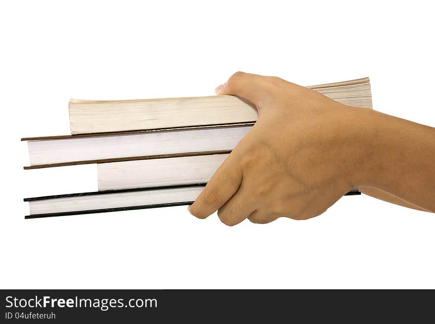 Holding a pile of books in the hand isolate over white background