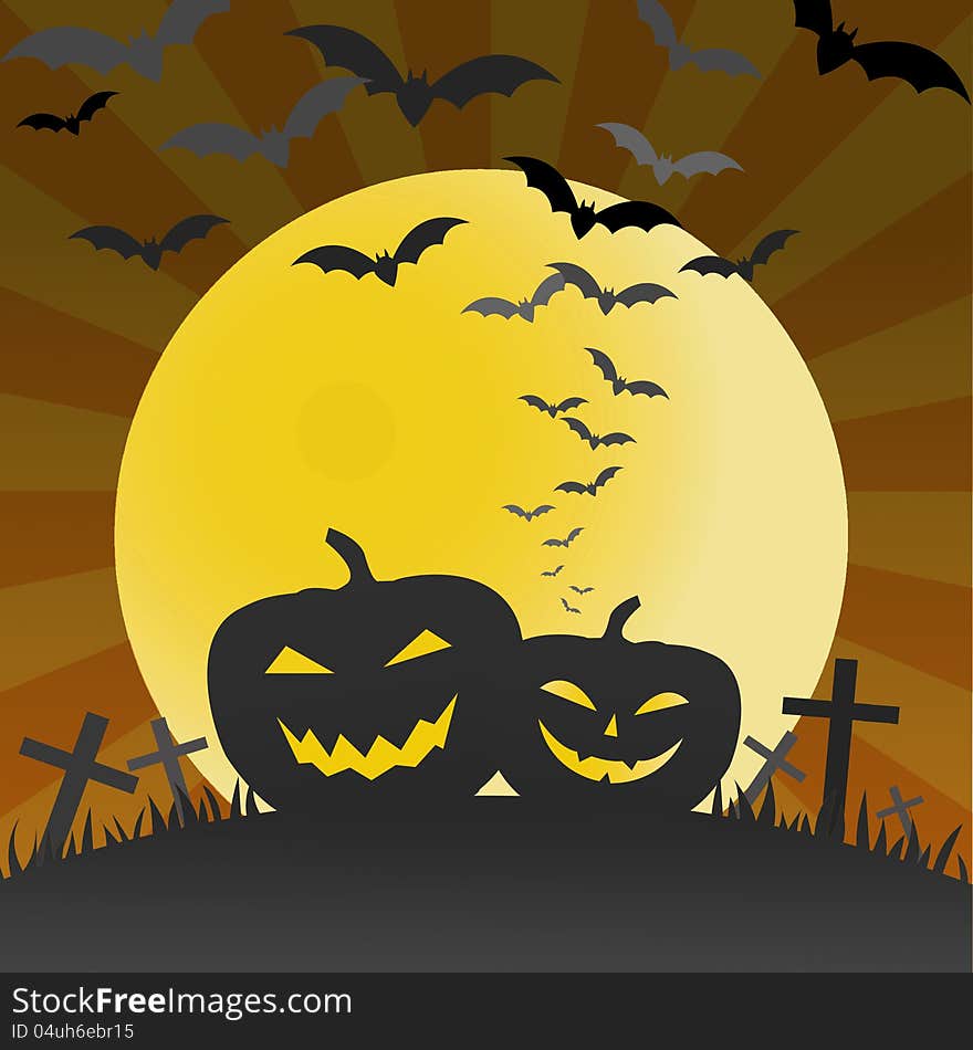 Halloween pumpkins and bats background for your design