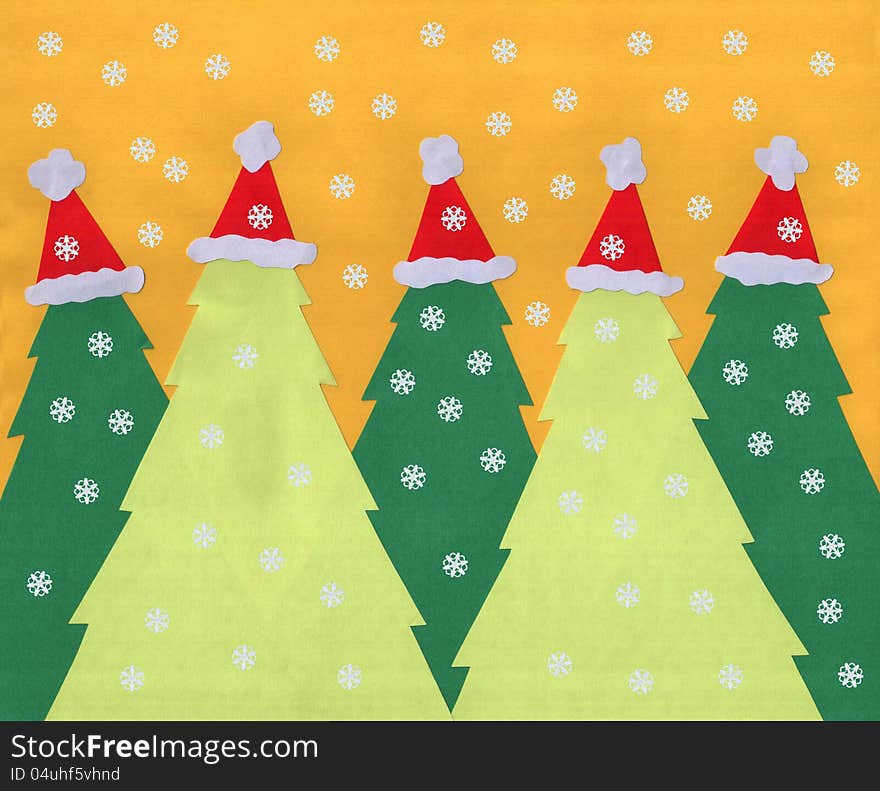 A handmade background of five Christmas trees wearing Santa Claus hats for Christmas card background use. A handmade background of five Christmas trees wearing Santa Claus hats for Christmas card background use