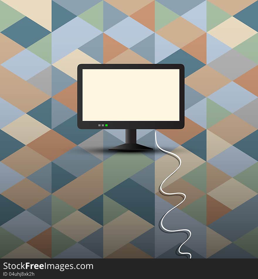 Computer display on retro background. Conceptual vector