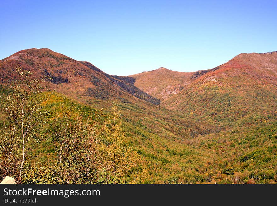 Hillsides are covered by wood. Hillsides are covered by wood