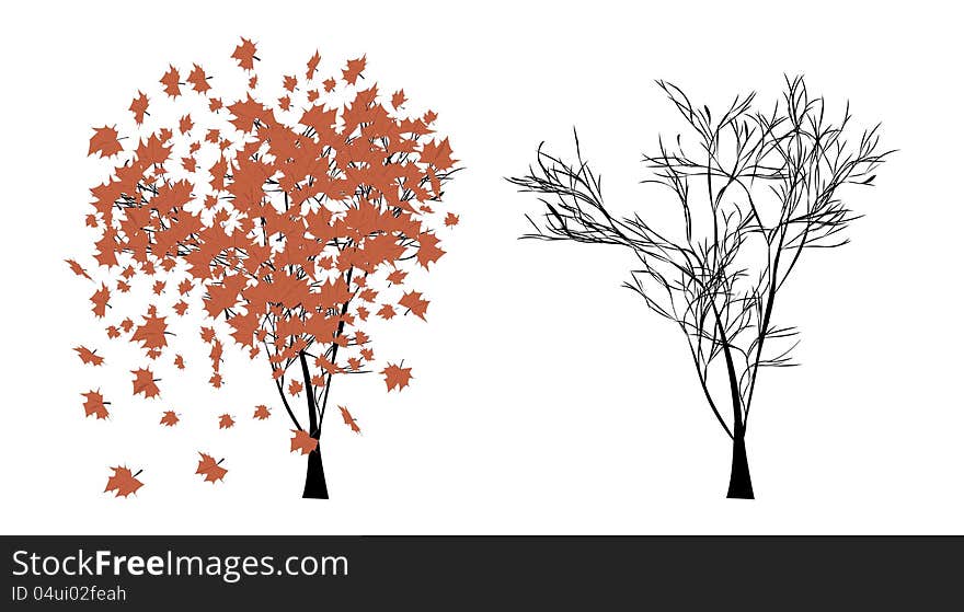 Illustration of autumn tree with beautiful flying leaves.