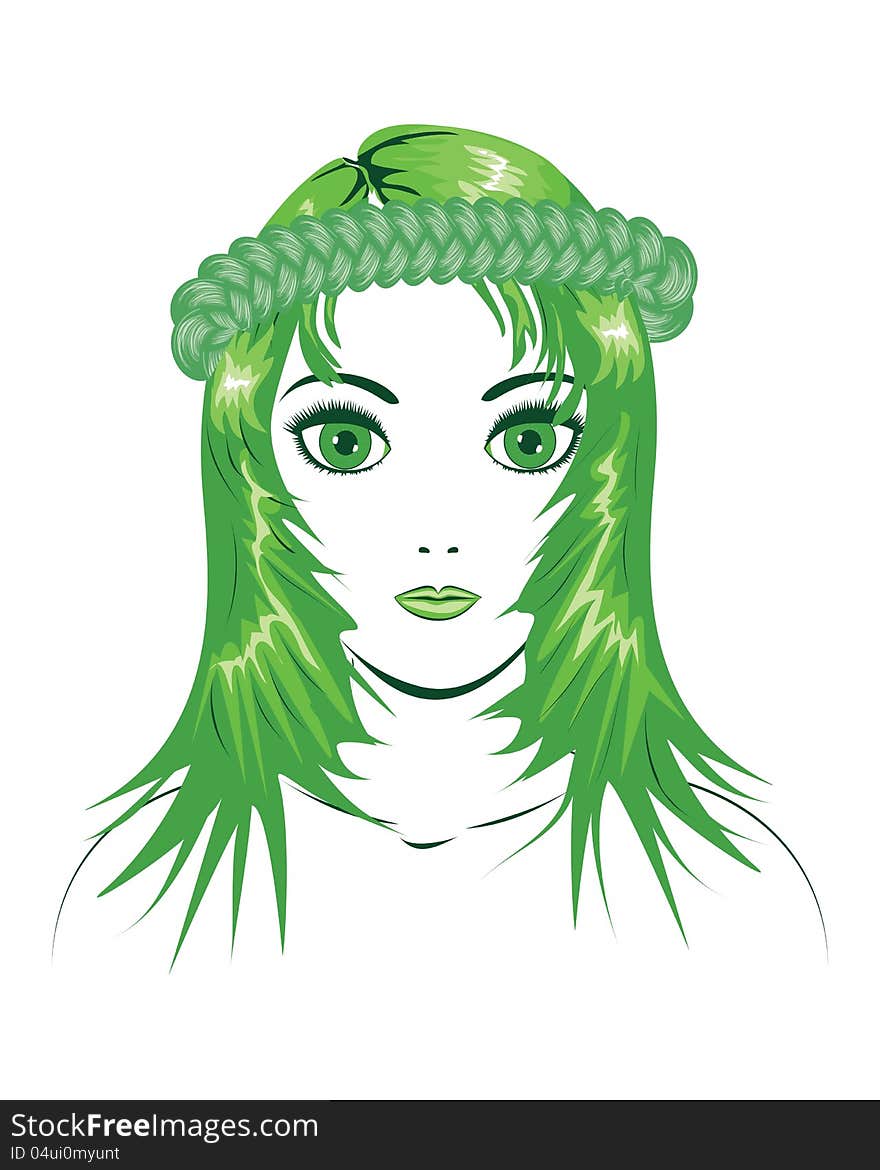 Abstract illustration of girl's face and braid of green color. Abstract illustration of girl's face and braid of green color.