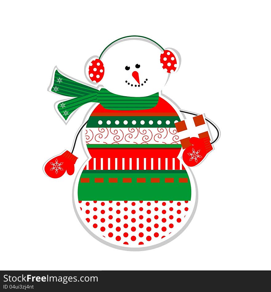 Ornamental smiling snowman with gift in his hand