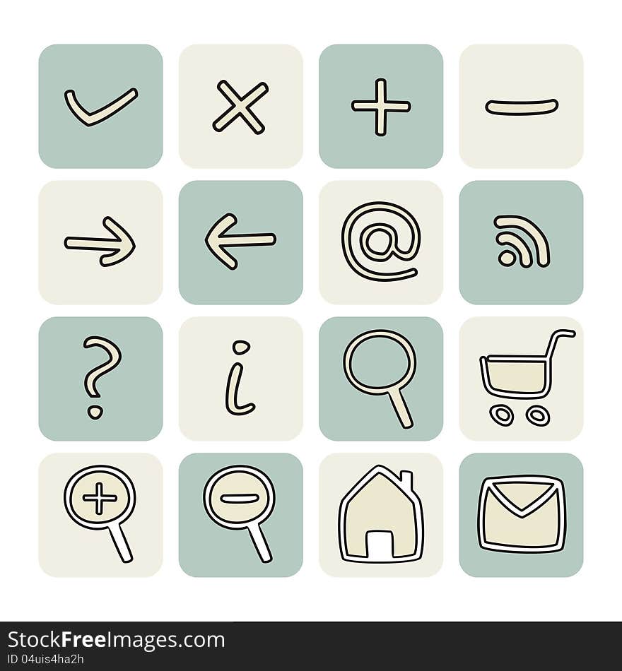 Doodle hand drawn vector icons set. Website tools symbols button set for e-commerce and web design.