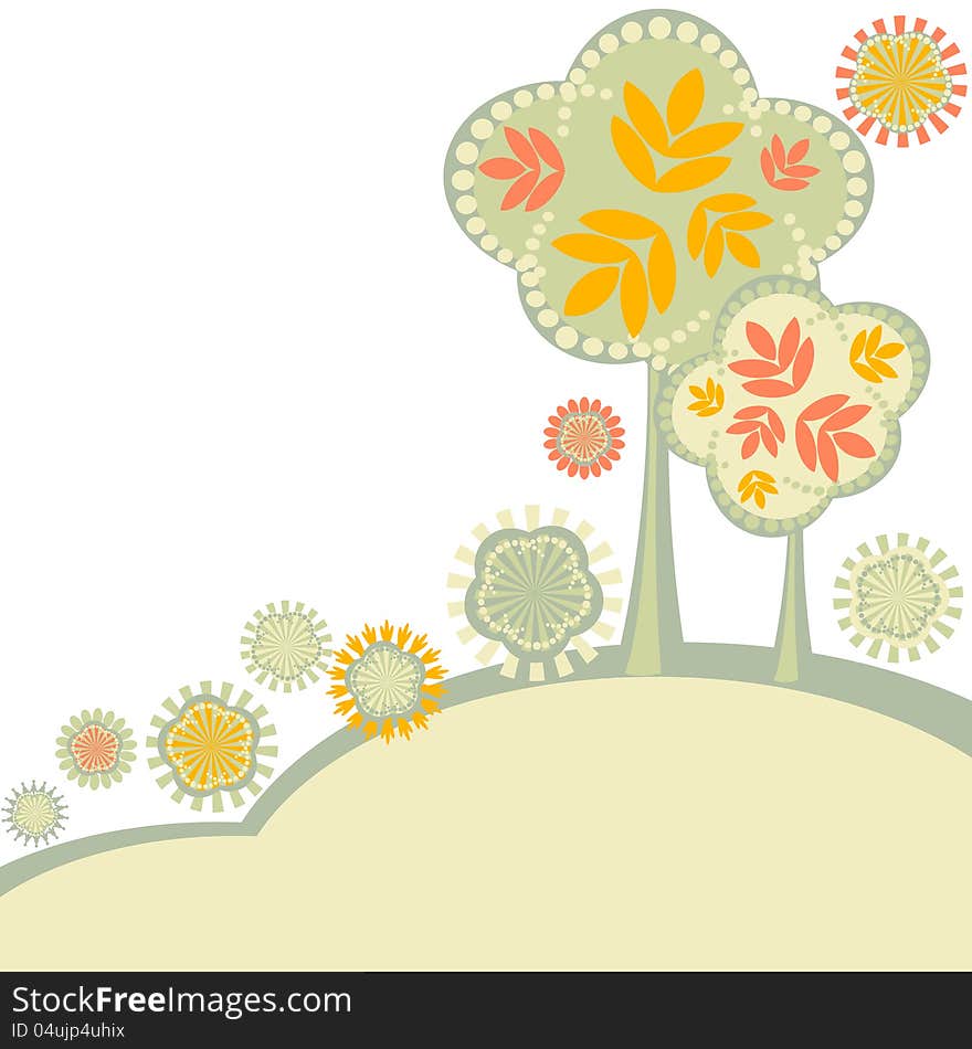 Simple background with autumn trees and stylized flowers. Simple background with autumn trees and stylized flowers