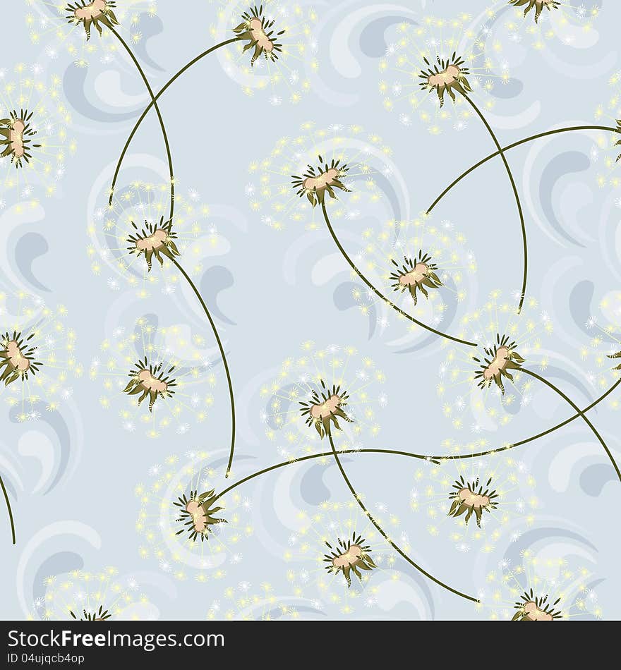 Delicate blue seamless texture with dandelions and symbols of wind. Delicate blue seamless texture with dandelions and symbols of wind