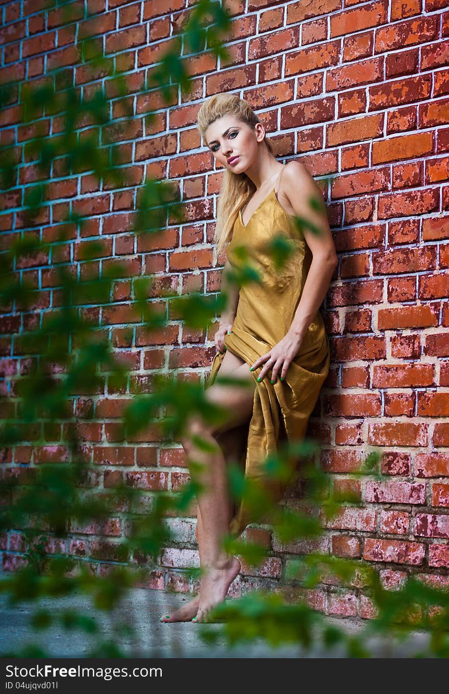 Beauty Girl Posing Fashion Near Red Brick Wall