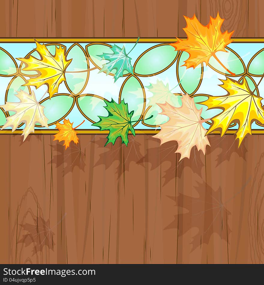 Maple leaves over wood decorated with stained glass. Maple leaves over wood decorated with stained glass