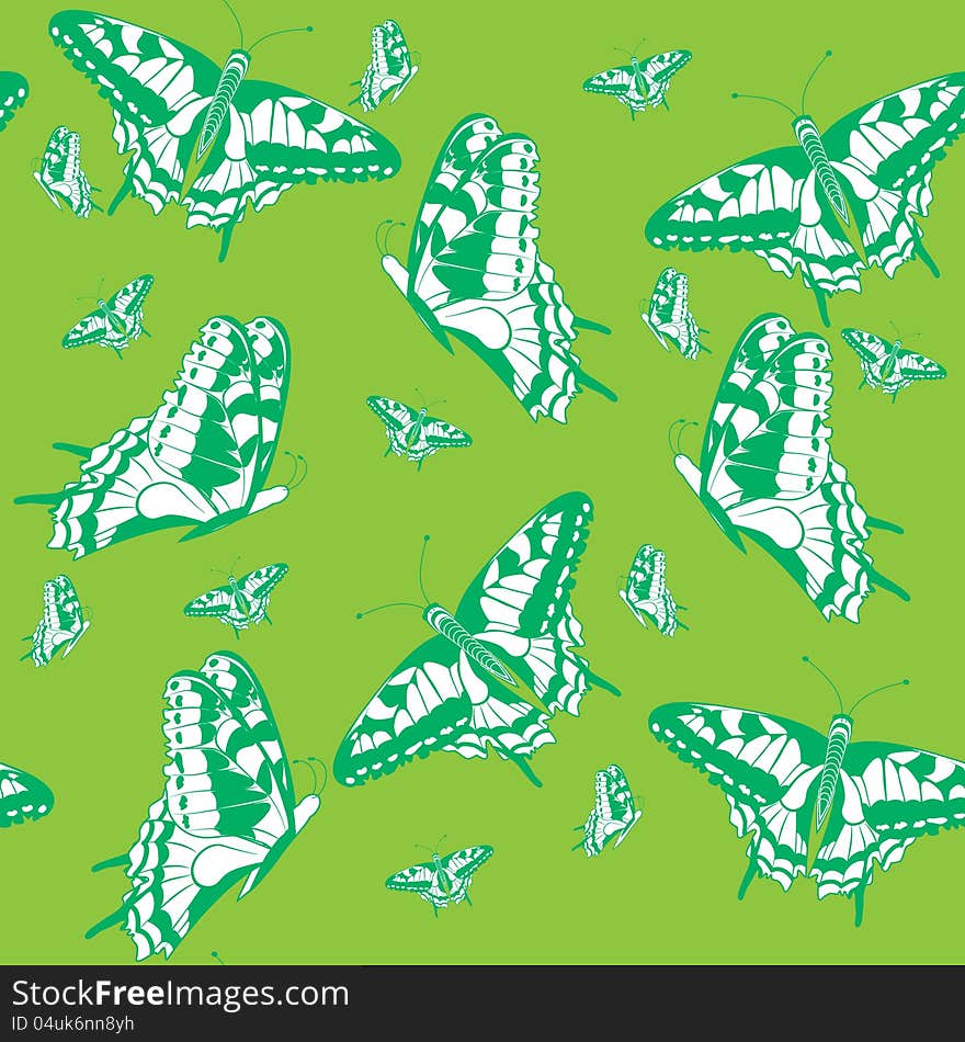 Vector seamless texture with a silhouette of butterflies on a green background without gradients and transparencies. Vector seamless texture with a silhouette of butterflies on a green background without gradients and transparencies