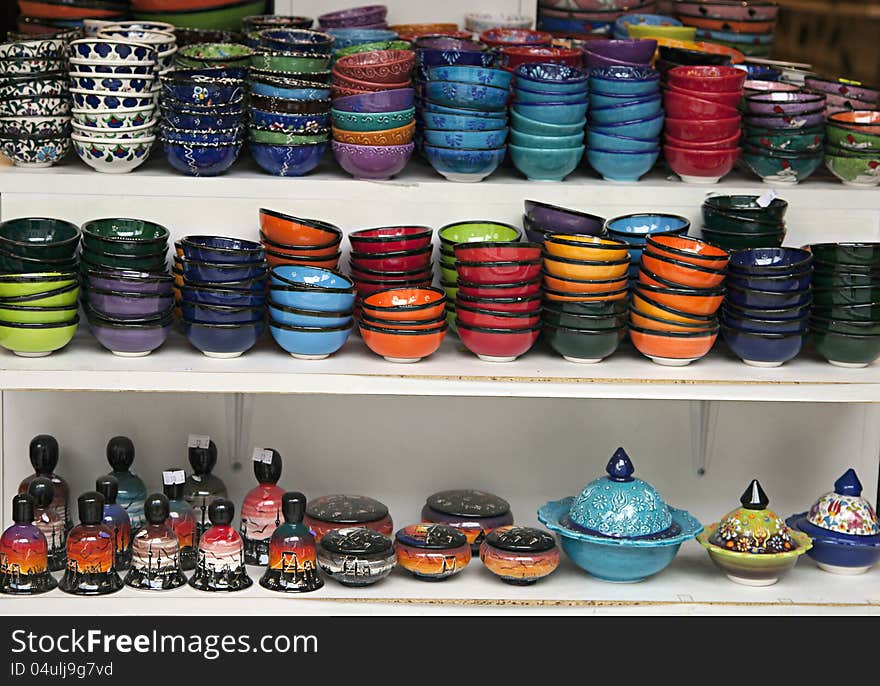 Traditional turkish souvenir bowls on a shelf. Traditional turkish souvenir bowls on a shelf