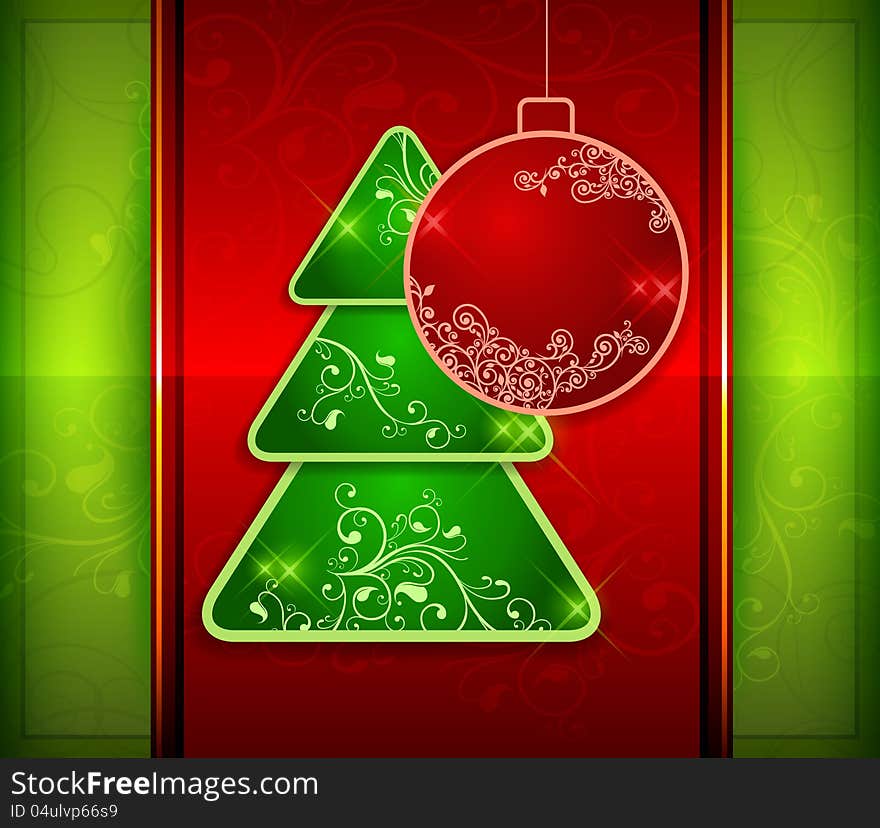 Balls and fir trees on red and green color background, vector illustration. Balls and fir trees on red and green color background, vector illustration