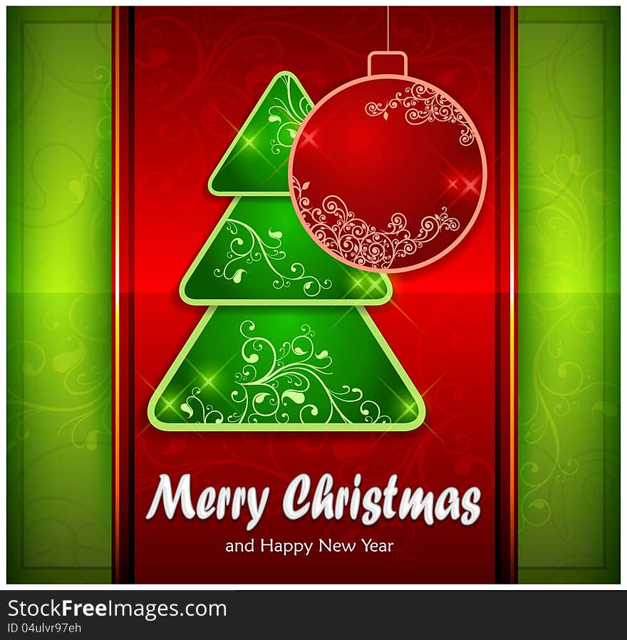 Balls and fir trees on red and green color background & text, vector illustration. Balls and fir trees on red and green color background & text, vector illustration