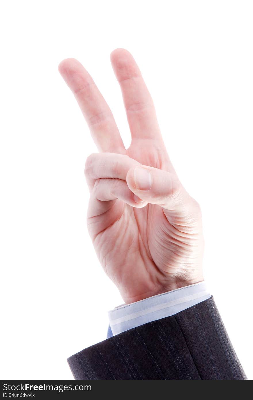 Hand with two fingers up in the peace or victory symbol isolated on white background