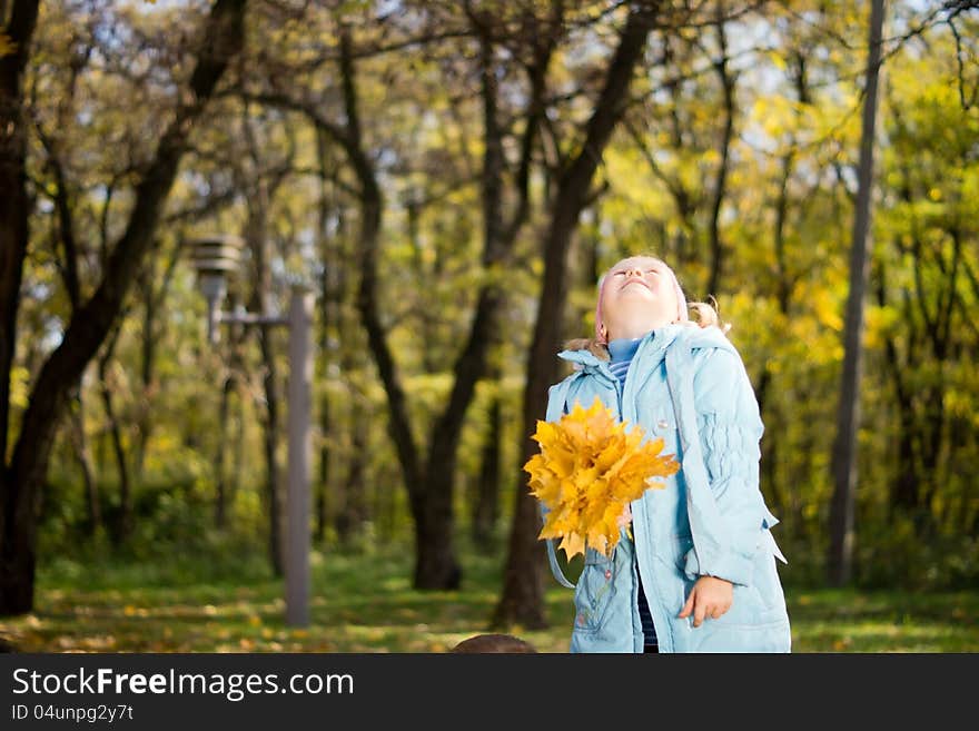 Young Girl Holding Fallen Leaves And Looking Up