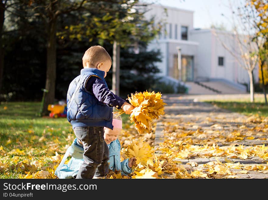 Young Children Gathering in Leaves in Autumn Park