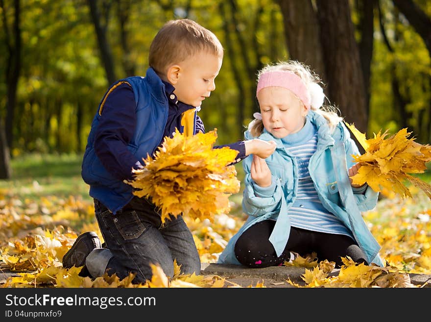 Young girl looking at small boys hand and collecting yellow autumn leaves. Young girl looking at small boys hand and collecting yellow autumn leaves