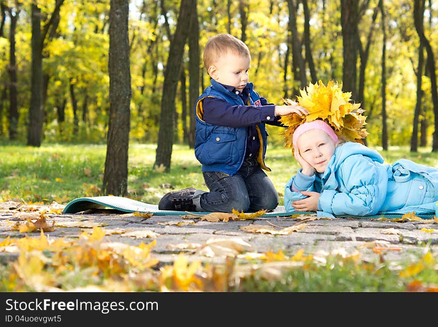 Cute little boy making an autumn hat for his sister out of colourful yellow autumn leaves as they play together in the park