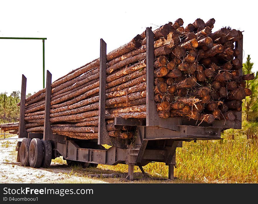 Logs on trailer waiting for transport. Logs on trailer waiting for transport.