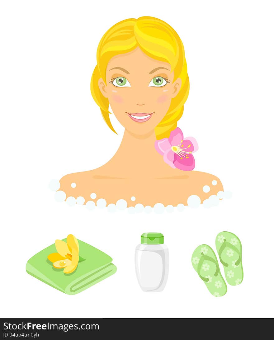 Sauna girl and beauty care icons. Editable vector set