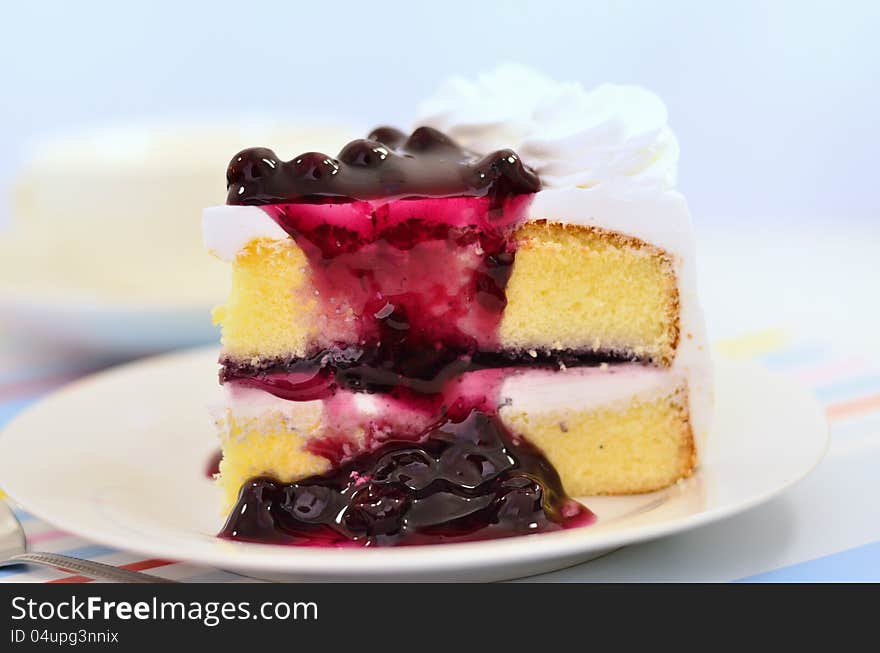 Blueberry cake set for coffee break on white dish