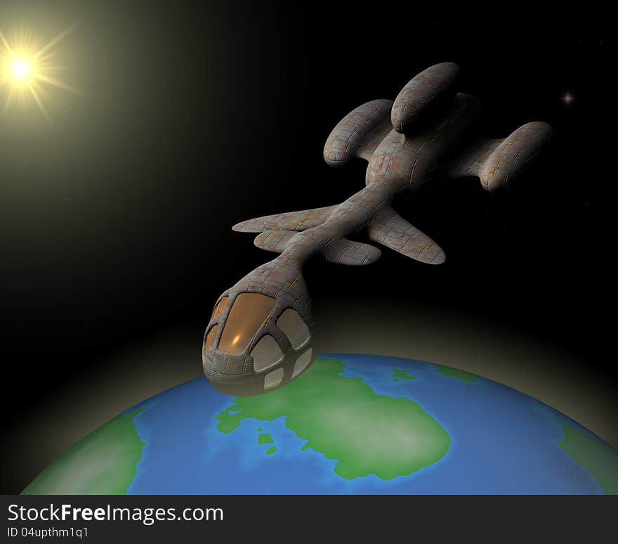 Spacescape With Sun, Earth and Spaceship. Spacescape With Sun, Earth and Spaceship