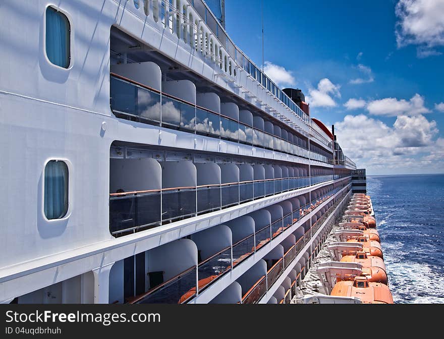 Balcony cabins on a cruise ship at sea