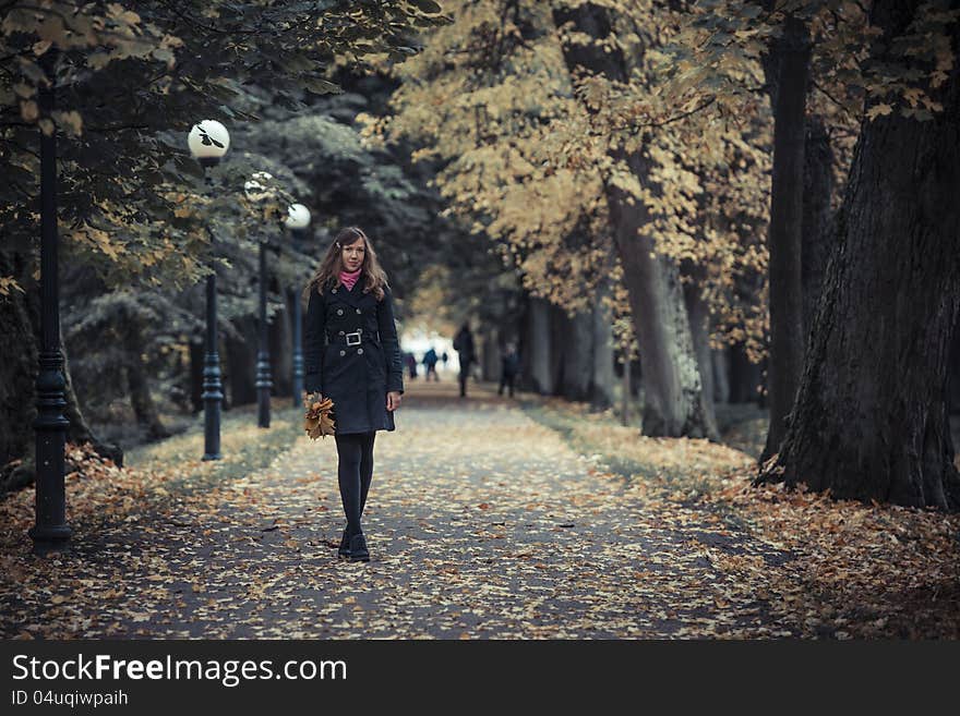 Girl posing on the road with lanterns in the park holding a bunch of leaves. Girl posing on the road with lanterns in the park holding a bunch of leaves