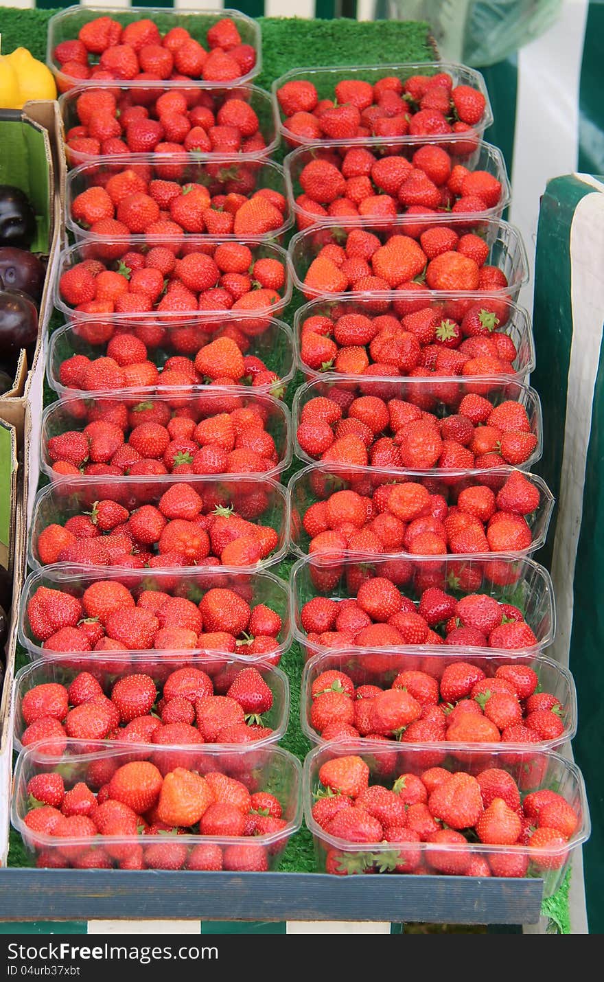 A Display of Strawberries on a Greengrocers Stall. A Display of Strawberries on a Greengrocers Stall.