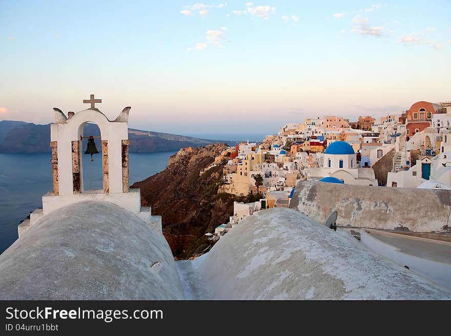 Beautiful view of famous Greek churches in the mediterranean island of Santorini. Beautiful view of famous Greek churches in the mediterranean island of Santorini.