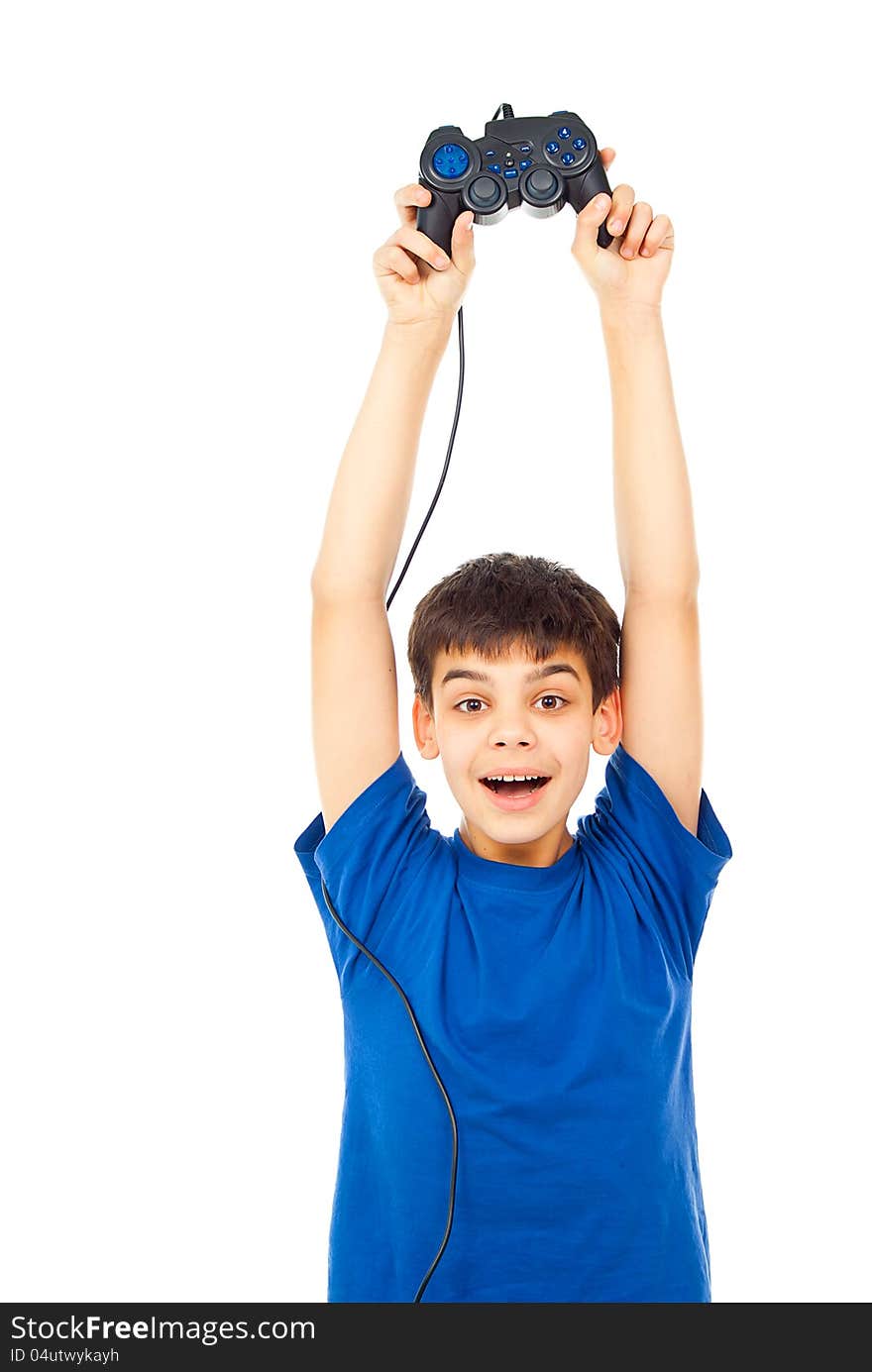 Happy boy with a joystick isolated on white background