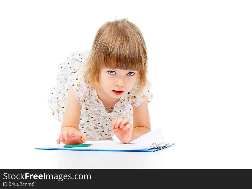 Beautiful girl paints on paper isolated on white background