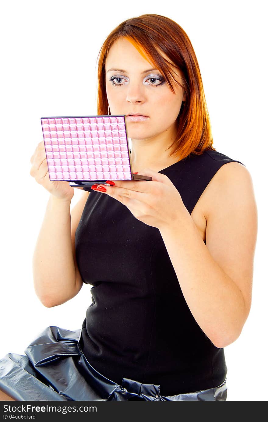 Beautiful Girl Holds Makeup And Lipstick