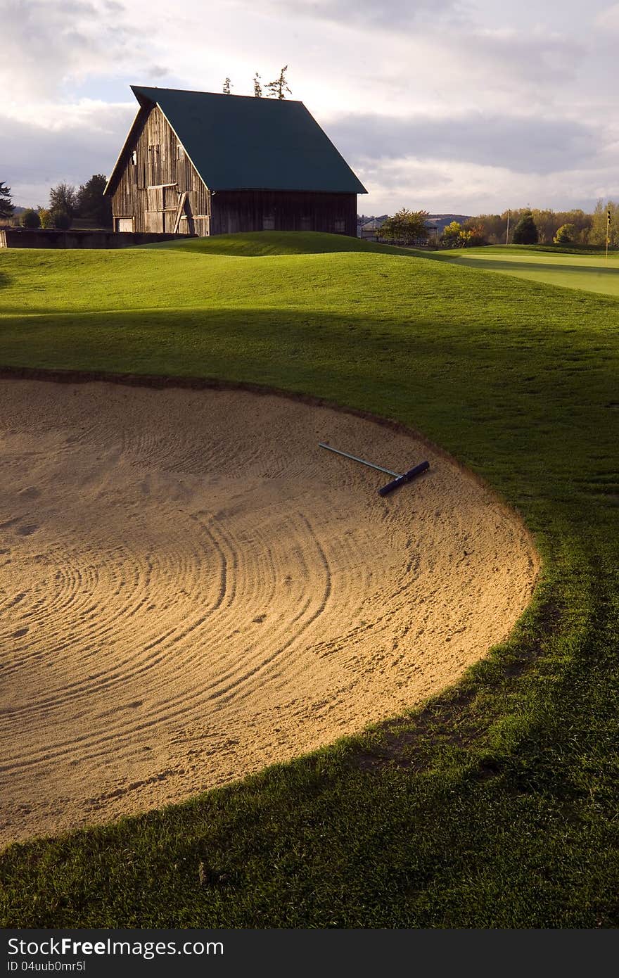 A raked sandtrap on a rural golf course. A raked sandtrap on a rural golf course